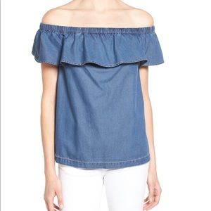 Chambray Off-the-Shoulder Top with ruffle